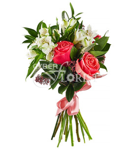 Bouquet of roses and alstroemerias with greenery